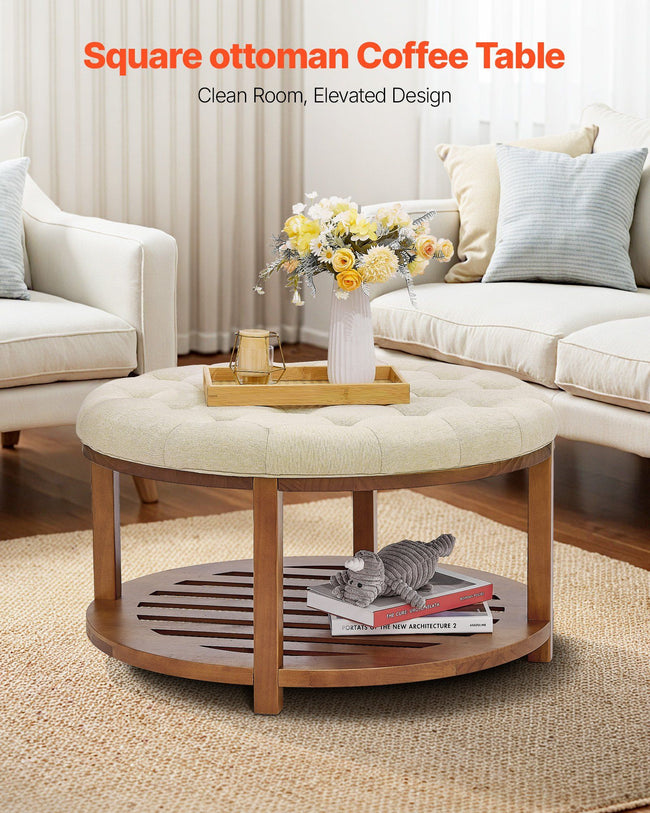 Large Round Ottoman Coffee Table, 81 cm Tufted Coffee Table with Solid Wood Shelf Storage, Linen Solid Upholstered Footrest Ottoman for Bedroom Living Room, 350 LBS, Linen Color Main Image