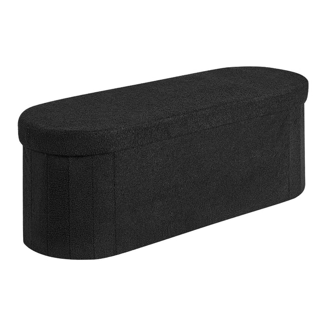 Oval Storage Ottoman Bench, Foldable Teddy Fleece End of Bed Bench, Folding Upholstered Bed Ottoman Chest with Large Storage Space, Supports 660 lbs, for Living Room, Bedroom, Entryway, Black Hover Image