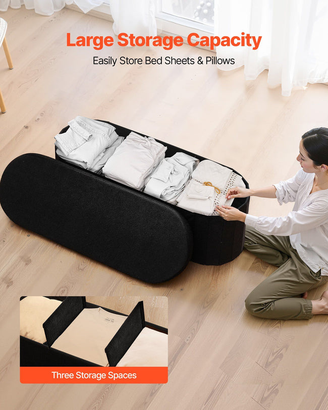 Oval Storage Ottoman Bench, Foldable Teddy Fleece End of Bed Bench, Folding Upholstered Bed Ottoman Chest with Large Storage Space, Supports 660 lbs, for Living Room, Bedroom, Entryway, Black Main Image