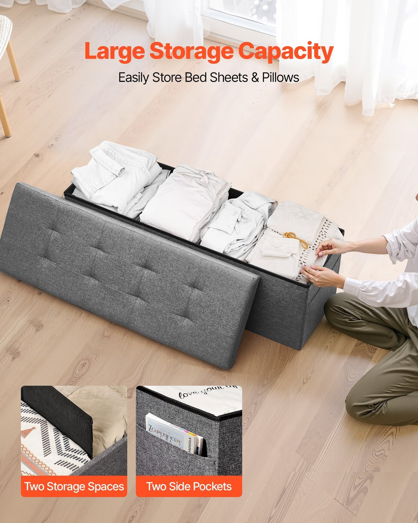 Foldable Storage Ottoman Bench, End of Bed Bench with Side Bags, Folding Upholstered Storage Chest Supports 660 lbs, Linen Bed Ottoman with Large Space for Living Room, Bedroom, Entryway, Grey