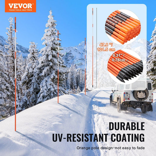 Driveway Markers, 50 PCS 121.5 cm, 0.78 cm Diameter Orange Fiberglass Poles Snow Stakes with Reflective Tape, 30 cm Steel Drill Bit & Protection Gloves for Parking Lots, Walkways Easy Visibility.