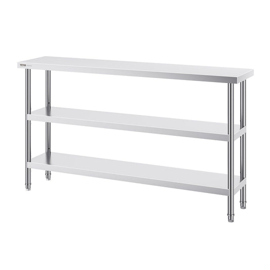 Stainless Steel Food Prep Table, 356 x 1524 x 864 mm Commercial Kitchen Worktable, with 2 Adjustable Undershelf, Heavy Duty Prep Table Metal Work Table for BBQ, Kitchen, Home, and Garage
