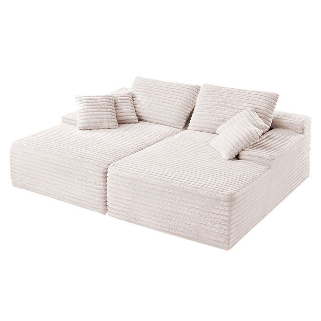 210 cm Oversized Double Chaise Lounge, Corduroy Fabric Sectional Sofa, Cozy Deep Seat Loveseat Sofa with Soft Cushions and Throw Pillows for Living Room Bedroom, No Assembly Required, Beige Hover Image