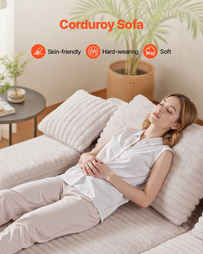 210 cm Oversized Double Chaise Lounge, Corduroy Fabric Sectional Sofa, Cozy Deep Seat Loveseat Sofa with Soft Cushions and Throw Pillows for Living Room Bedroom, No Assembly Required, Beige Main Image