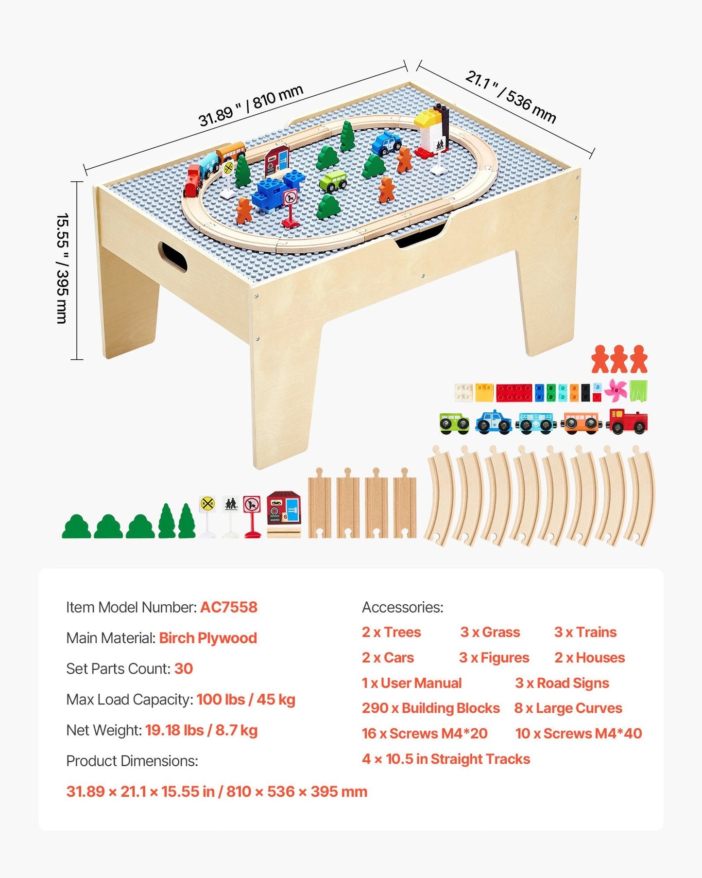 Multi-Purpose Activity Play Table 290 Building Bricks & 30 PCS Accessories.