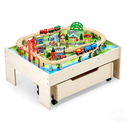 Train Table 100 PCS Wooden Kids Activity Table with Rolling Storage Drawer.