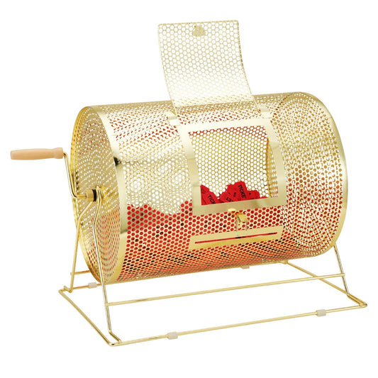 Raffle Drum, 16.1 x Ã12 inch Brass Plated Raffle Ticket Spinning Cage, Holds 5000 Tickets or 200 Ping Pong Balls, Metal Lottery Spinning Drawing with Wooden Turning Handle, for Bingo Ballot Part.