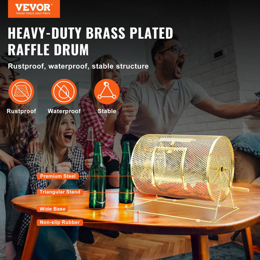Raffle Drum, 16.1 x Ã12 inch Brass Plated Raffle Ticket Spinning Cage, Holds 5000 Tickets or 200 Ping Pong Balls, Metal Lottery Spinning Drawing with Wooden Turning Handle, for Bingo Ballot Part.