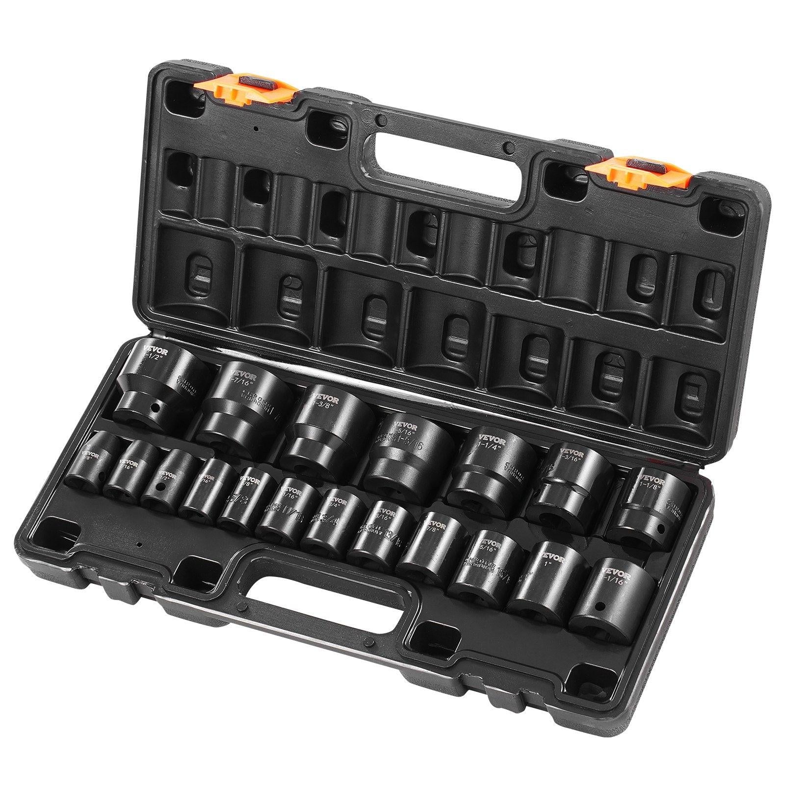 Impact Socket Set 1/2 Inches 19 Piece Impact Sockets, Standard Socket Assortment, 1/2 Inches Drive Socket Set Impact Standard SAE (3/8 Inches to 1-1/2 Inches) 6-point Hex Sockets.