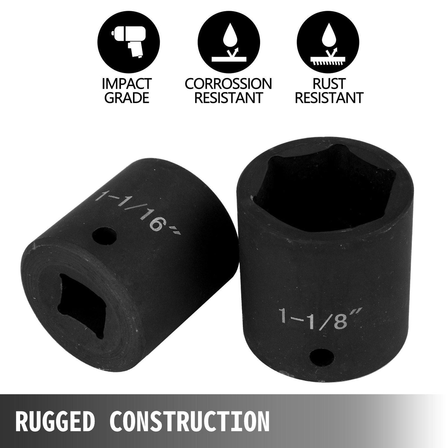 Impact Socket Set 1/2 Inches 19 Piece Impact Sockets, Standard Socket Assortment, 1/2 Inches Drive Socket Set Impact Standard SAE (3/8 Inches to 1-1/2 Inches) 6-point Hex Sockets.
