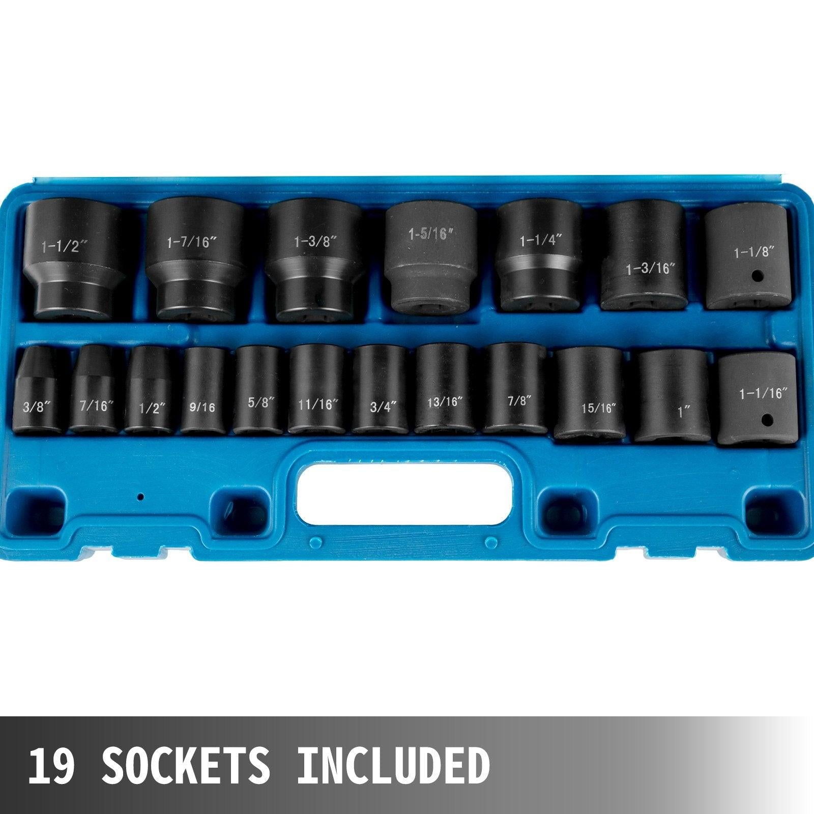 Impact Socket Set 1/2 Inches 19 Piece Impact Sockets, Standard Socket Assortment, 1/2 Inches Drive Socket Set Impact Standard SAE (3/8 Inches to 1-1/2 Inches) 6-point Hex Sockets.