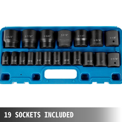 Impact Socket Set 1/2 Inches 19 Piece Impact Sockets, Standard Socket Assortment, 1/2 Inches Drive Socket Set Impact Standard SAE (3/8 Inches to 1-1/2 Inches) 6-point Hex Sockets.