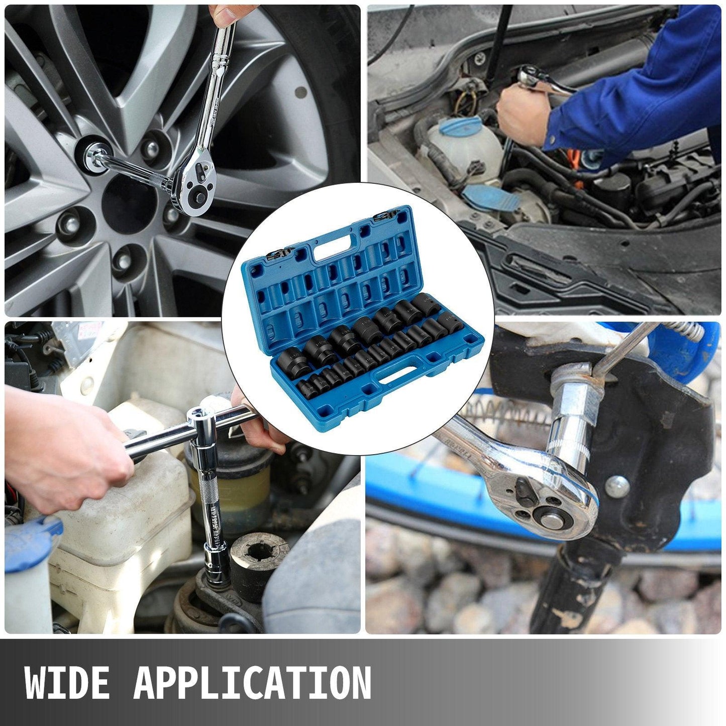 Impact Socket Set 1/2 Inches 19 Piece Impact Sockets, Standard Socket Assortment, 1/2 Inches Drive Socket Set Impact Standard SAE (3/8 Inches to 1-1/2 Inches) 6-point Hex Sockets.
