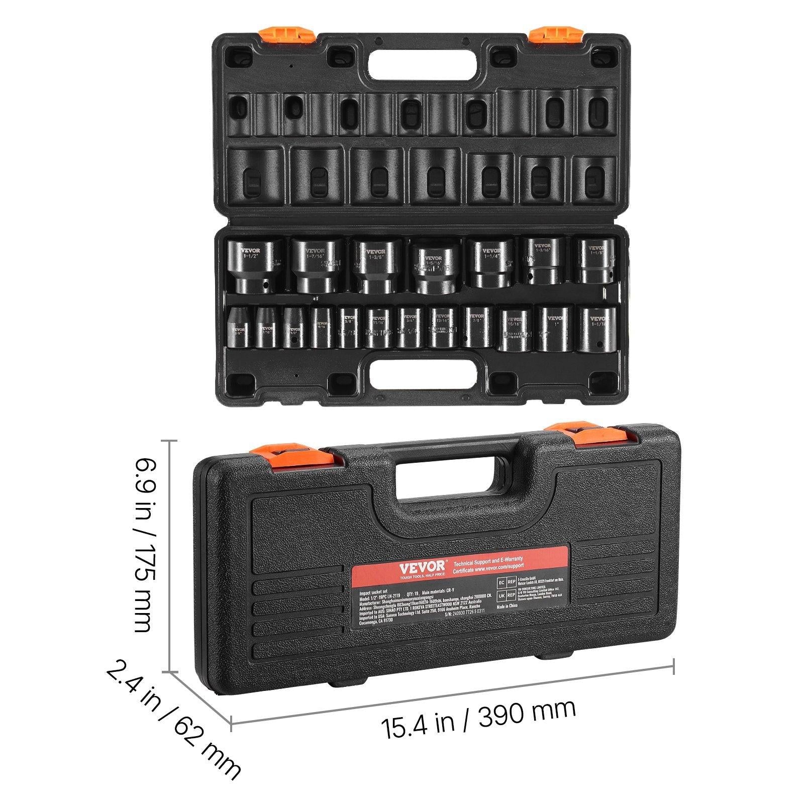 Impact Socket Set 1/2 Inches 19 Piece Impact Sockets, Standard Socket Assortment, 1/2 Inches Drive Socket Set Impact Standard SAE (3/8 Inches to 1-1/2 Inches) 6-point Hex Sockets.