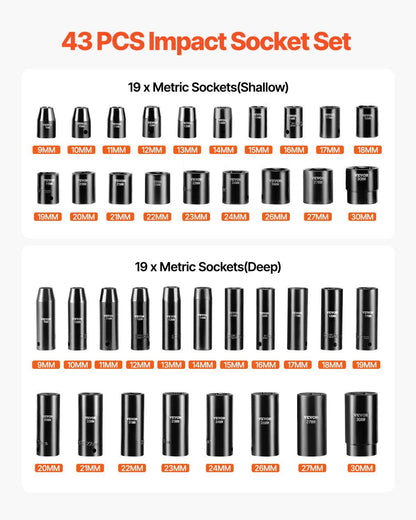 Impact Socket Set 43 Piece Impact Sockets, Standard Socket Assortment, Drive Socket Set 6-Point Sockets Metric 9-30mm (Standard/Deep).