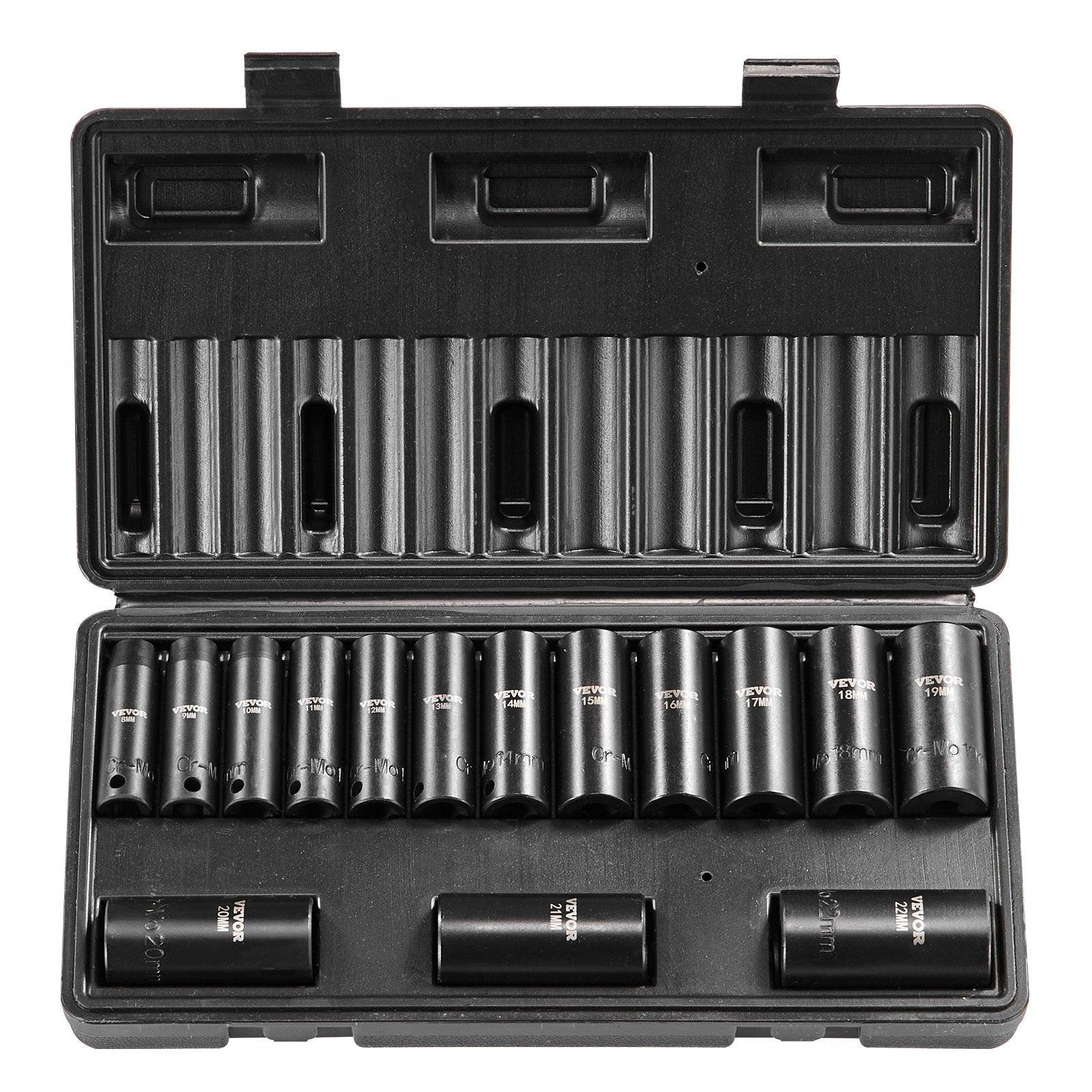 3/8" Drive Impact Socket Set, 15 Piece Deep Socket Set Metric 8-22mm, 6 Point Cr-Mo Alloy Steel for Auto Repair, Easy-to-Read Size Markings, Rugged Construction, Includes Storage Case.