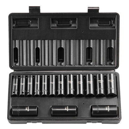 3/8" Drive Impact Socket Set, 15 Piece Deep Socket Set Metric 8-22mm, 6 Point Cr-Mo Alloy Steel for Auto Repair, Easy-to-Read Size Markings, Rugged Construction, Includes Storage Case.