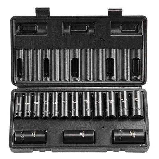 3/8" Drive Impact Socket Set, 15 Piece Deep Socket Set Metric 8-22mm, 6 Point Cr-Mo Alloy Steel for Auto Repair, Easy-to-Read Size Markings, Rugged Construction, Includes Storage Case.