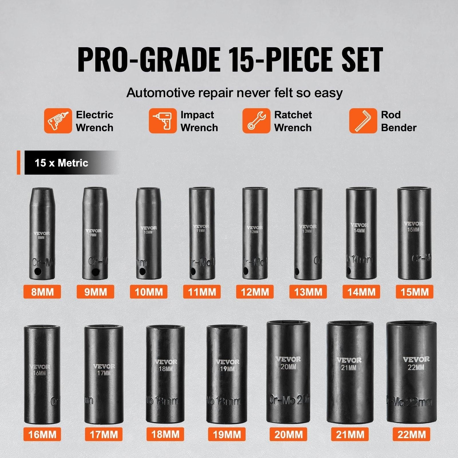 3/8" Drive Impact Socket Set, 15 Piece Deep Socket Set Metric 8-22mm, 6 Point Cr-Mo Alloy Steel for Auto Repair, Easy-to-Read Size Markings, Rugged Construction, Includes Storage Case.