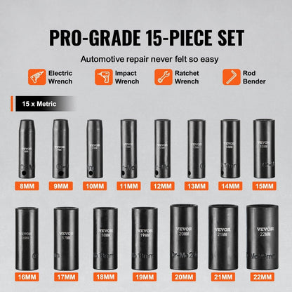 3/8" Drive Impact Socket Set, 15 Piece Deep Socket Set Metric 8-22mm, 6 Point Cr-Mo Alloy Steel for Auto Repair, Easy-to-Read Size Markings, Rugged Construction, Includes Storage Case.