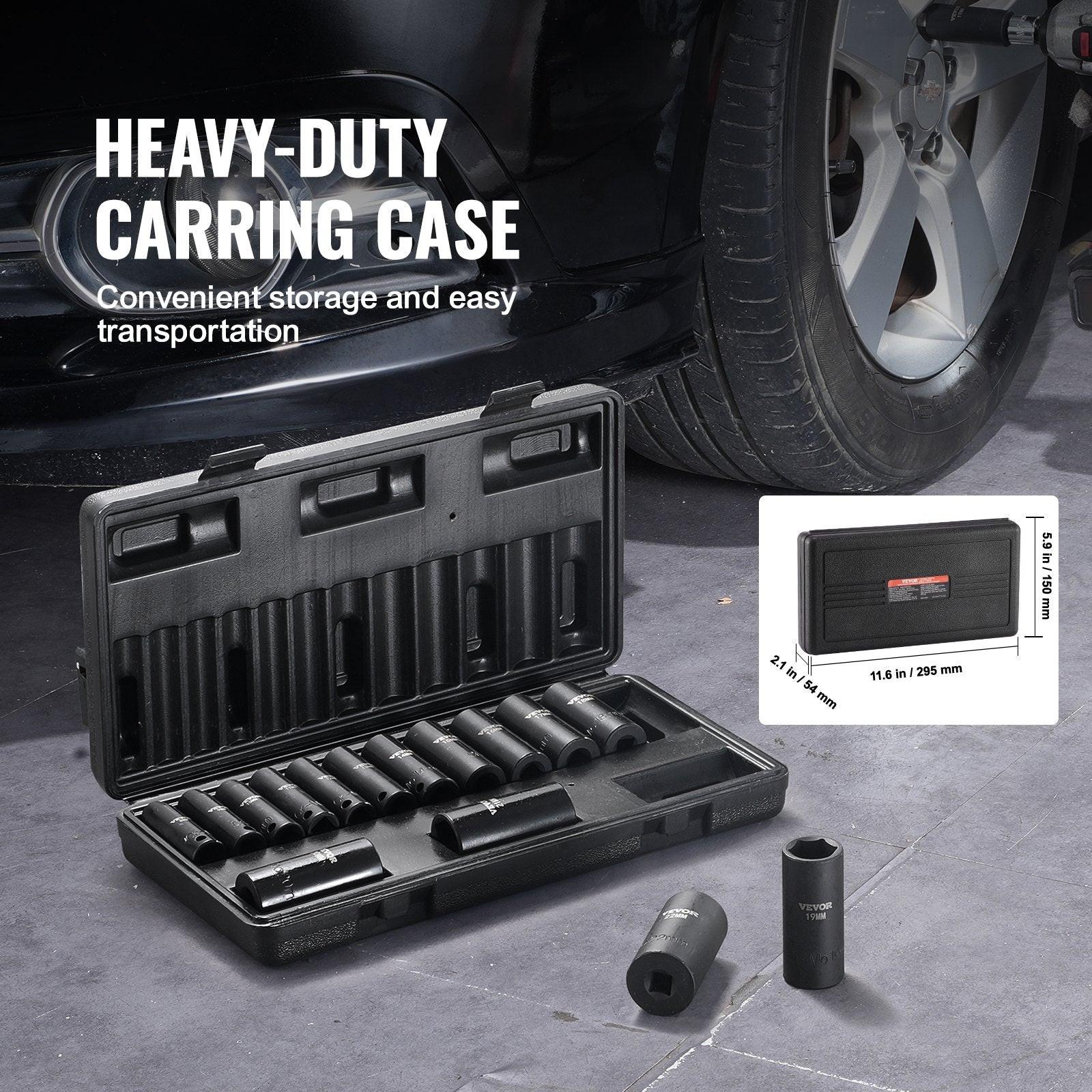 3/8" Drive Impact Socket Set, 15 Piece Deep Socket Set Metric 8-22mm, 6 Point Cr-Mo Alloy Steel for Auto Repair, Easy-to-Read Size Markings, Rugged Construction, Includes Storage Case.