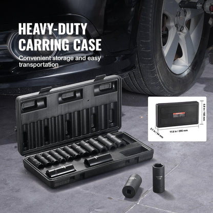 3/8" Drive Impact Socket Set, 15 Piece Deep Socket Set Metric 8-22mm, 6 Point Cr-Mo Alloy Steel for Auto Repair, Easy-to-Read Size Markings, Rugged Construction, Includes Storage Case.