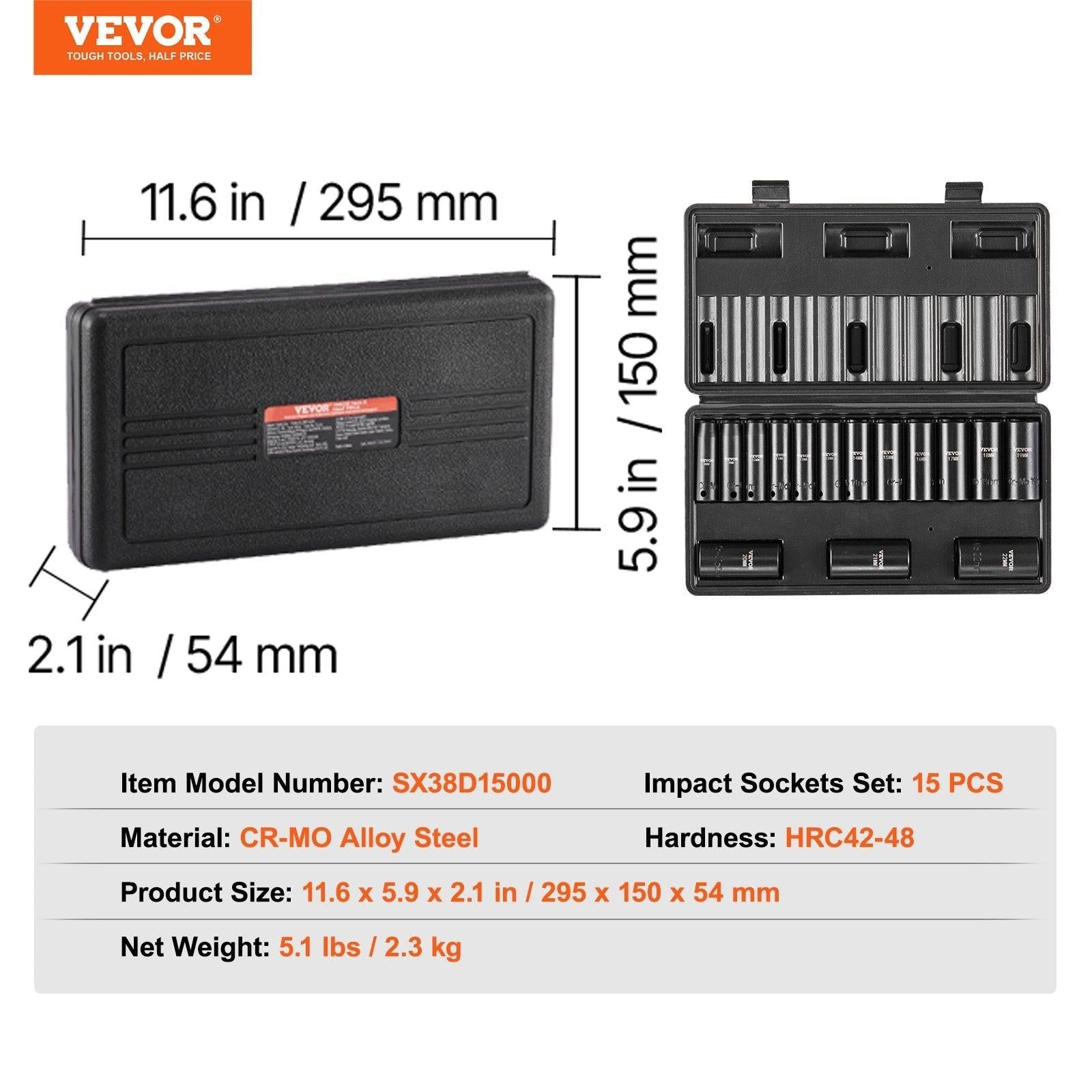 3/8" Drive Impact Socket Set, 15 Piece Deep Socket Set Metric 8-22mm, 6 Point Cr-Mo Alloy Steel for Auto Repair, Easy-to-Read Size Markings, Rugged Construction, Includes Storage Case.