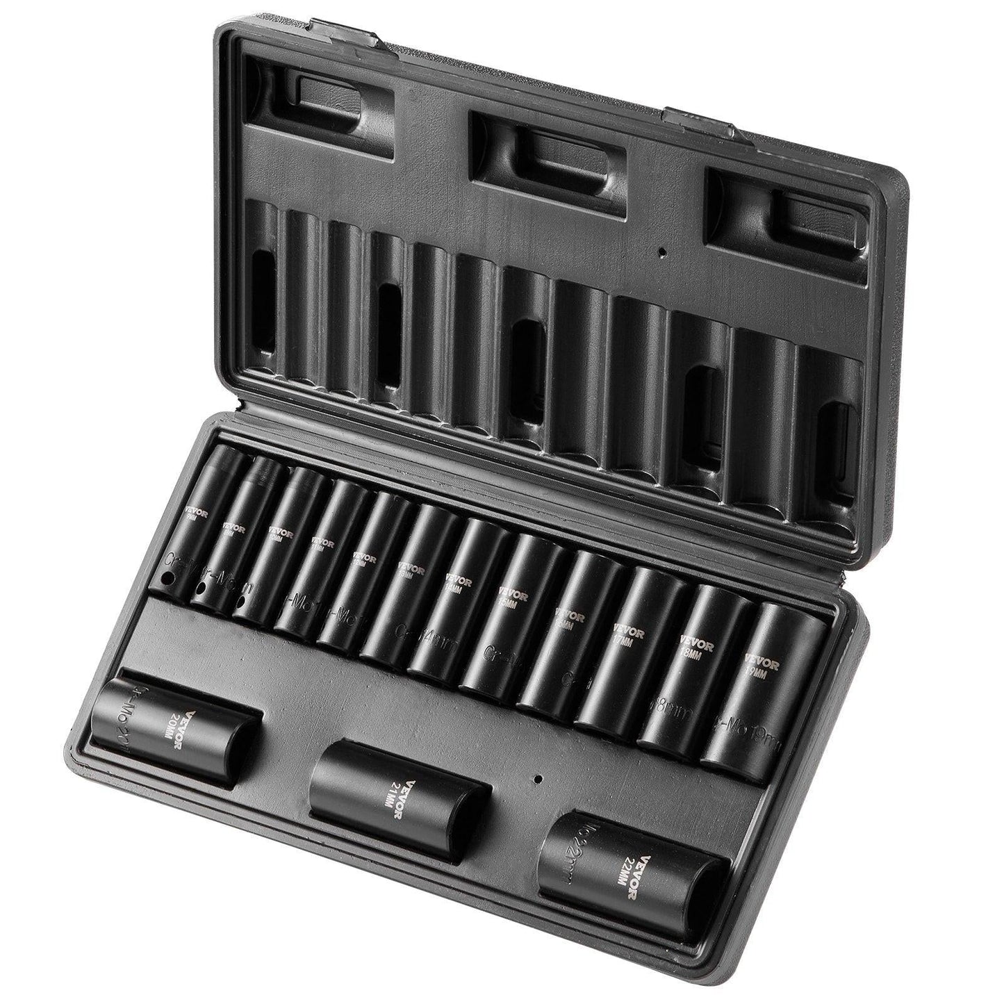 3/8" Drive Impact Socket Set, 15 Piece Deep Socket Set Metric 8-22mm, 6 Point Cr-Mo Alloy Steel for Auto Repair, Easy-to-Read Size Markings, Rugged Construction, Includes Storage Case.