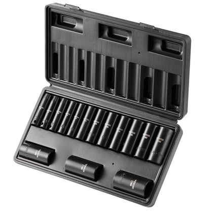 3/8" Drive Impact Socket Set, 15 Piece Deep Socket Set Metric 8-22mm, 6 Point Cr-Mo Alloy Steel for Auto Repair, Easy-to-Read Size Markings, Rugged Construction, Includes Storage Case.