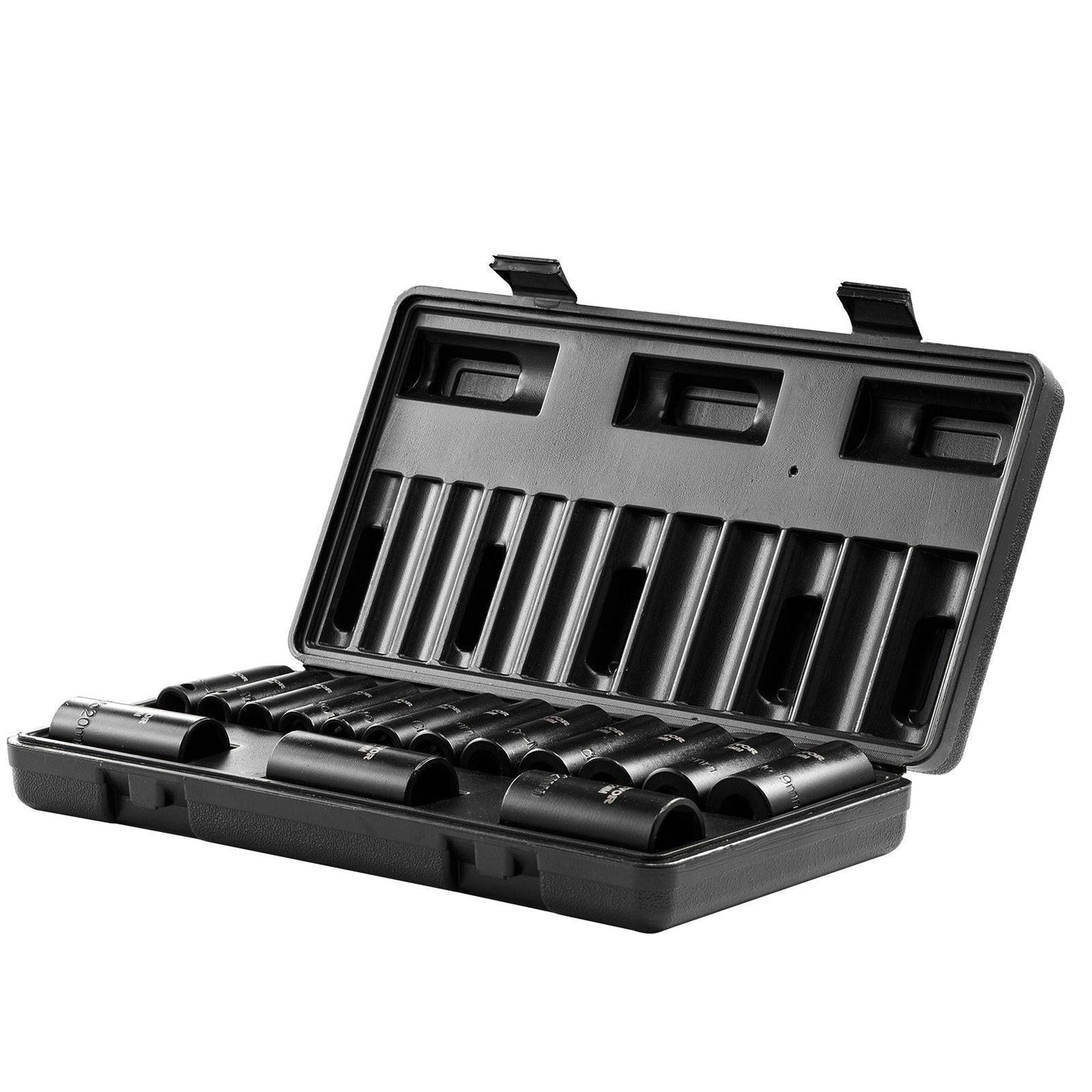 3/8" Drive Impact Socket Set, 15 Piece Deep Socket Set Metric 8-22mm, 6 Point Cr-Mo Alloy Steel for Auto Repair, Easy-to-Read Size Markings, Rugged Construction, Includes Storage Case.