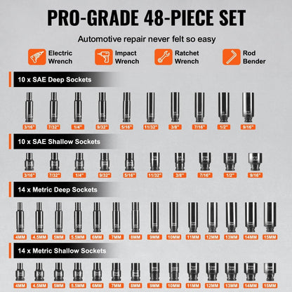Impact Sockets Set 48pcs 6-Point 1/4" Drive Bit Ratchet Tool Kit Case.