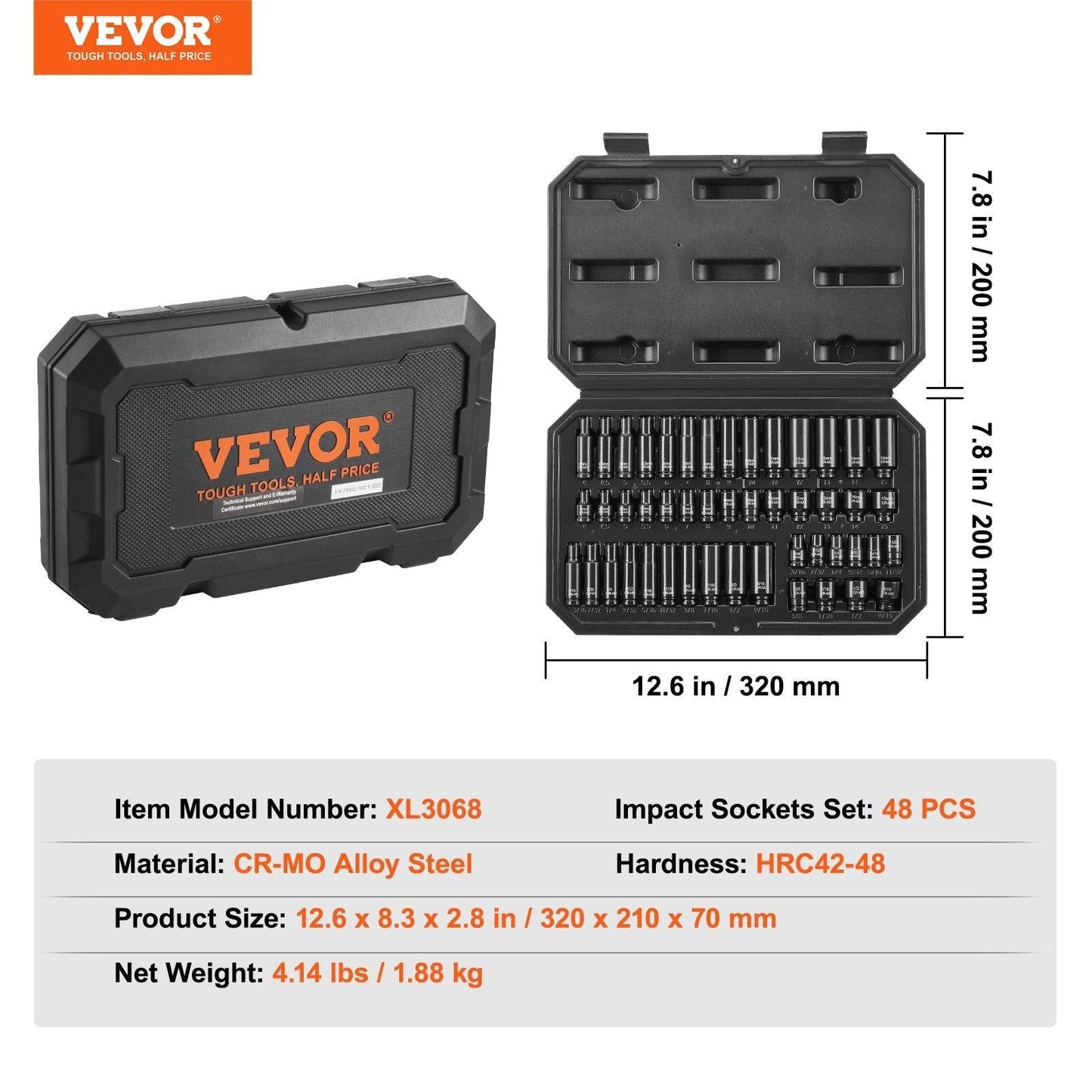 Impact Sockets Set 48pcs 6-Point 1/4" Drive Bit Ratchet Tool Kit Case.