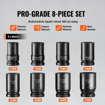 Impact Sockets Set 8pcs 6-Point 1" Drive Bit Ratchet Tool Kit Case.