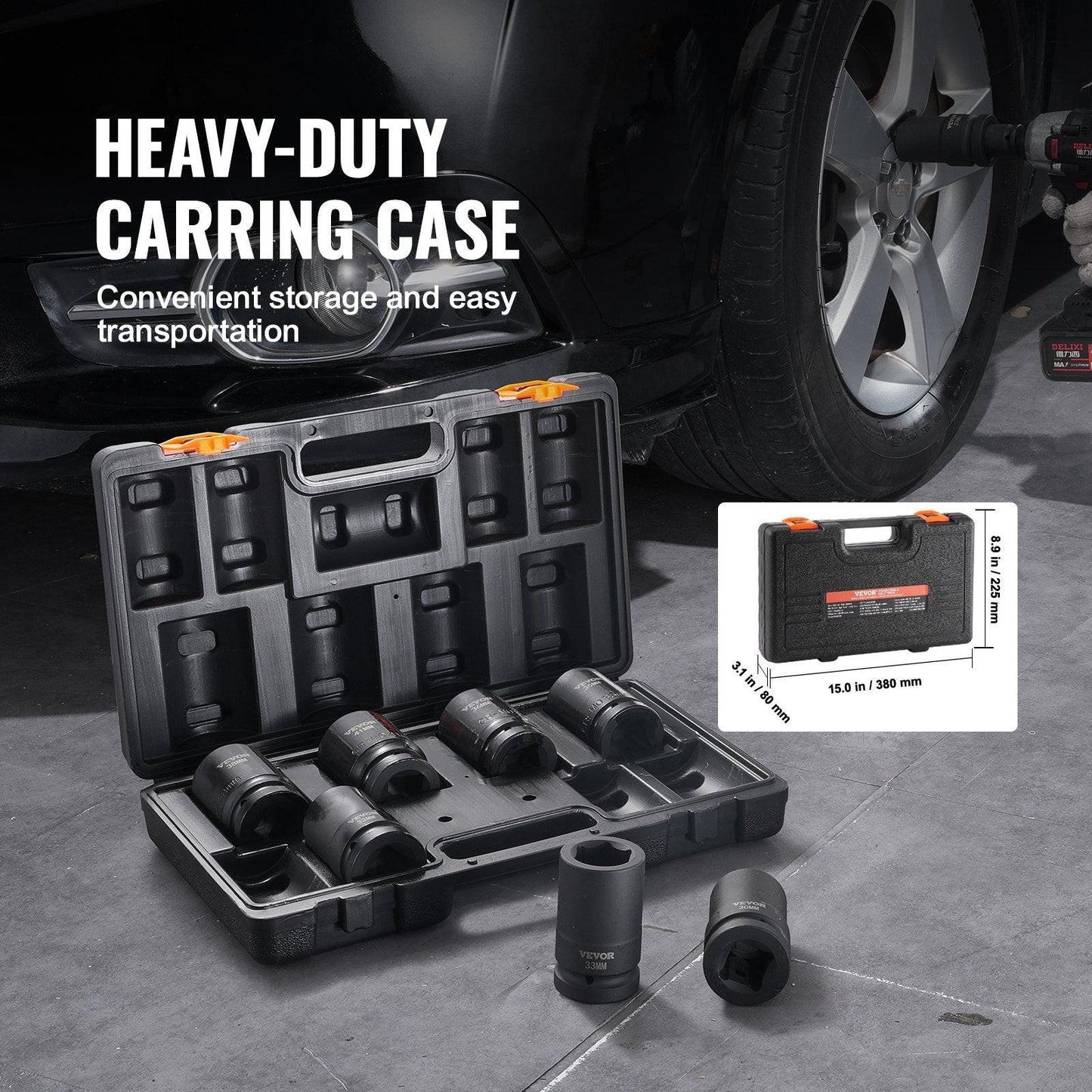 Impact Sockets Set 8pcs 6-Point 1" Drive Bit Ratchet Tool Kit Case.