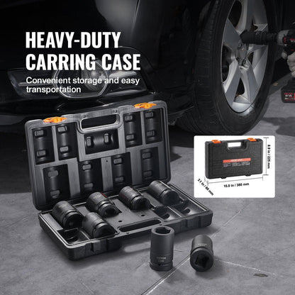 Impact Sockets Set 8pcs 6-Point 1" Drive Bit Ratchet Tool Kit Case.