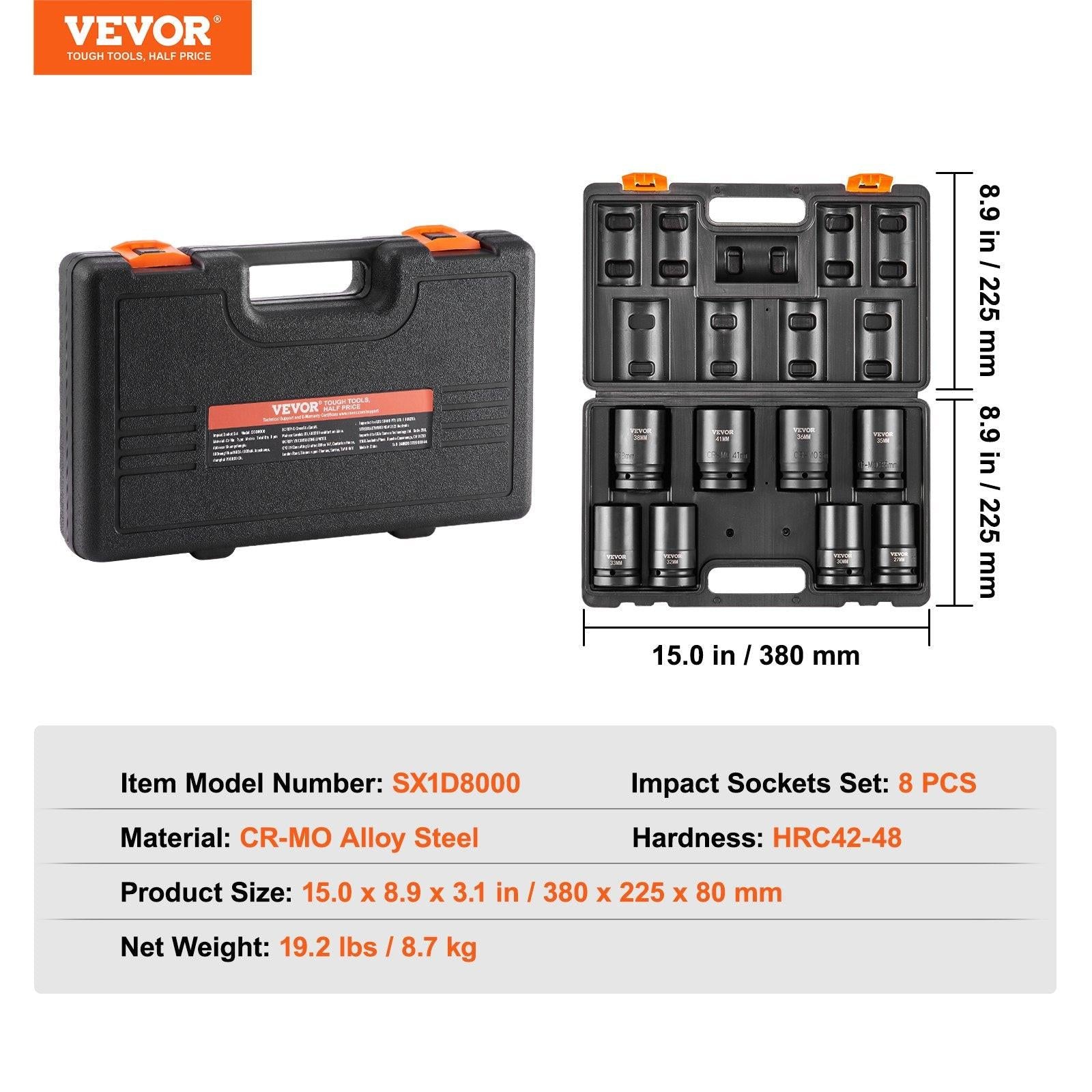 Impact Sockets Set 8pcs 6-Point 1" Drive Bit Ratchet Tool Kit Case.