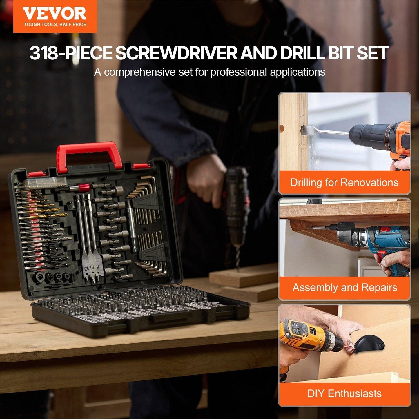 Drill Bit Set, 318 Pieces Drill and Driver Bit Set, Screwdriver Bit Set Suitable for Wood Metal Cement Drilling and Screw Driving, Drill Bit Sets Combo Kit Assorted in Organized Carrying Case.