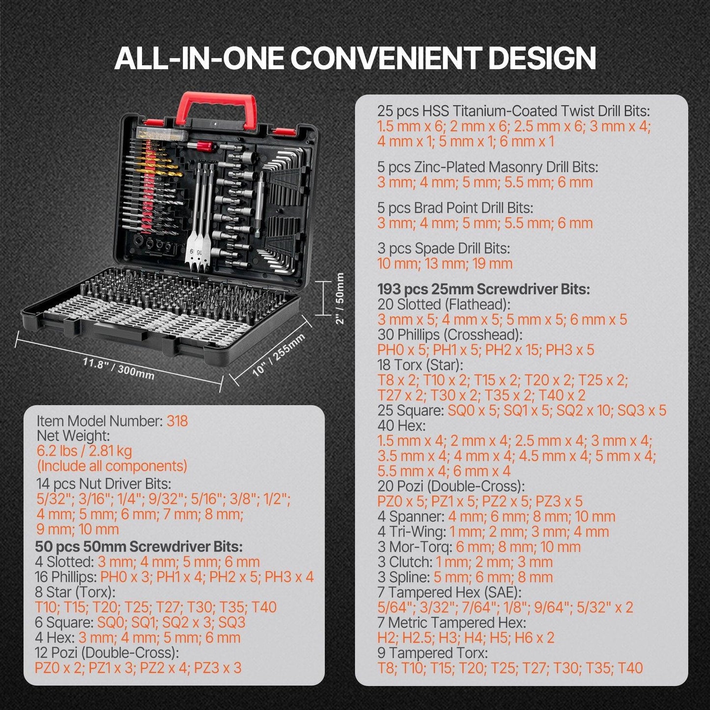 Drill Bit Set, 318 Pieces Drill and Driver Bit Set, Screwdriver Bit Set Suitable for Wood Metal Cement Drilling and Screw Driving, Drill Bit Sets Combo Kit Assorted in Organized Carrying Case.