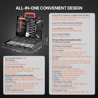 Drill Bit Set, 318 Pieces Drill and Driver Bit Set, Screwdriver Bit Set Suitable for Wood Metal Cement Drilling and Screw Driving, Drill Bit Sets Combo Kit Assorted in Organized Carrying Case.