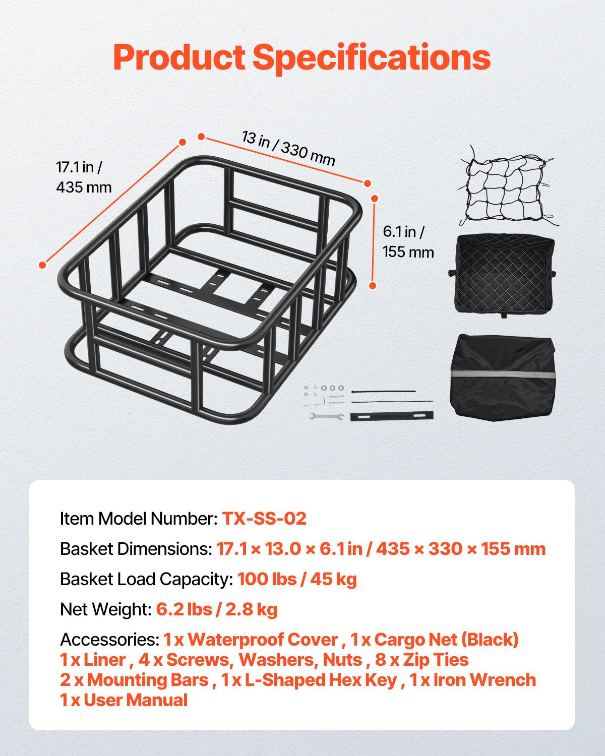 Rear Bike Basket, Medium Bicycle Basket with Cargo Net, Liner & Waterproof Cover, Heavy Duty Bike Back Basket for Adult Women/Men Carrying Dogs, Pets, Fruit & Grocery, Mounting Tools Included