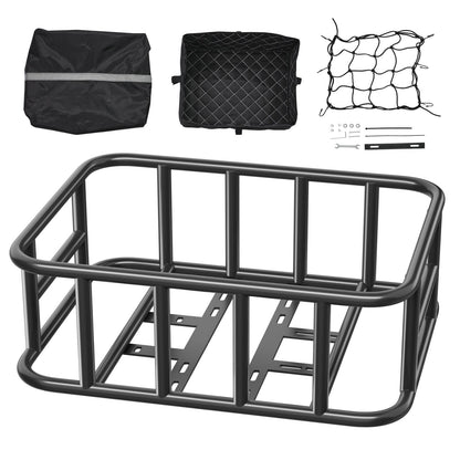 Rear Bike Basket, Medium Bicycle Basket with Cargo Net, Liner & Waterproof Cover, Heavy Duty Bike Back Basket for Adult Women/Men Carrying Dogs, Pets, Fruit & Grocery, Mounting Tools Included