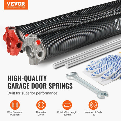 Garage Door Torsion Springs, 16000 Cycles, Pair of 0.25 x 2 x 30inch, Garage Door Springs with Non-Slip Winding Bars, Mounting Tool and Gloves, Electrophoresis Coated, for Replacement.