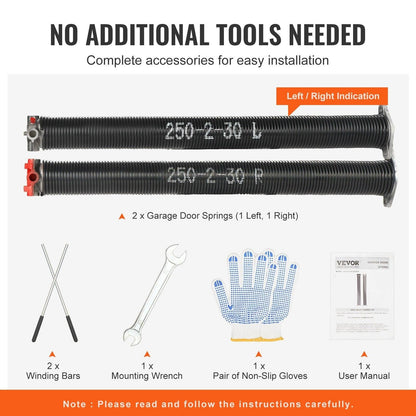 Garage Door Torsion Springs, 16000 Cycles, Pair of 0.25 x 2 x 30inch, Garage Door Springs with Non-Slip Winding Bars, Mounting Tool and Gloves, Electrophoresis Coated, for Replacement.