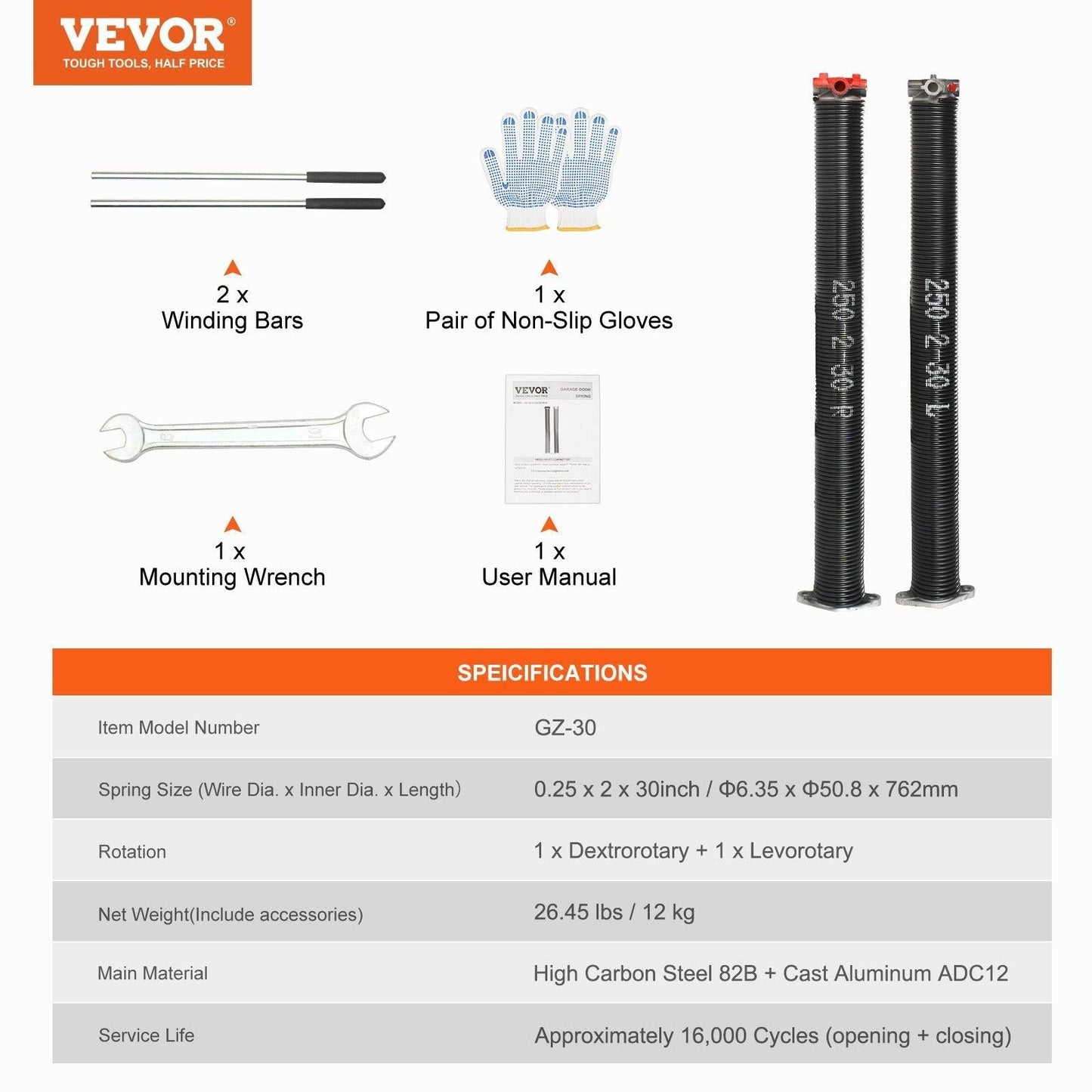 Garage Door Torsion Springs, 16000 Cycles, Pair of 0.25 x 2 x 30inch, Garage Door Springs with Non-Slip Winding Bars, Mounting Tool and Gloves, Electrophoresis Coated, for Replacement.