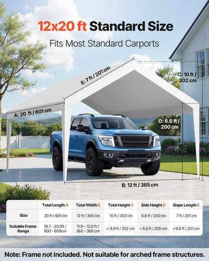 Carport Replacement Canopy, 6 x 3.6 m Potable Garage Tent Top Tarp, UV-Resistant & Waterproof Car Shelter Tarp, Heavy Duty Car Port Cover with Ball Buggees, White, Frame Not Included