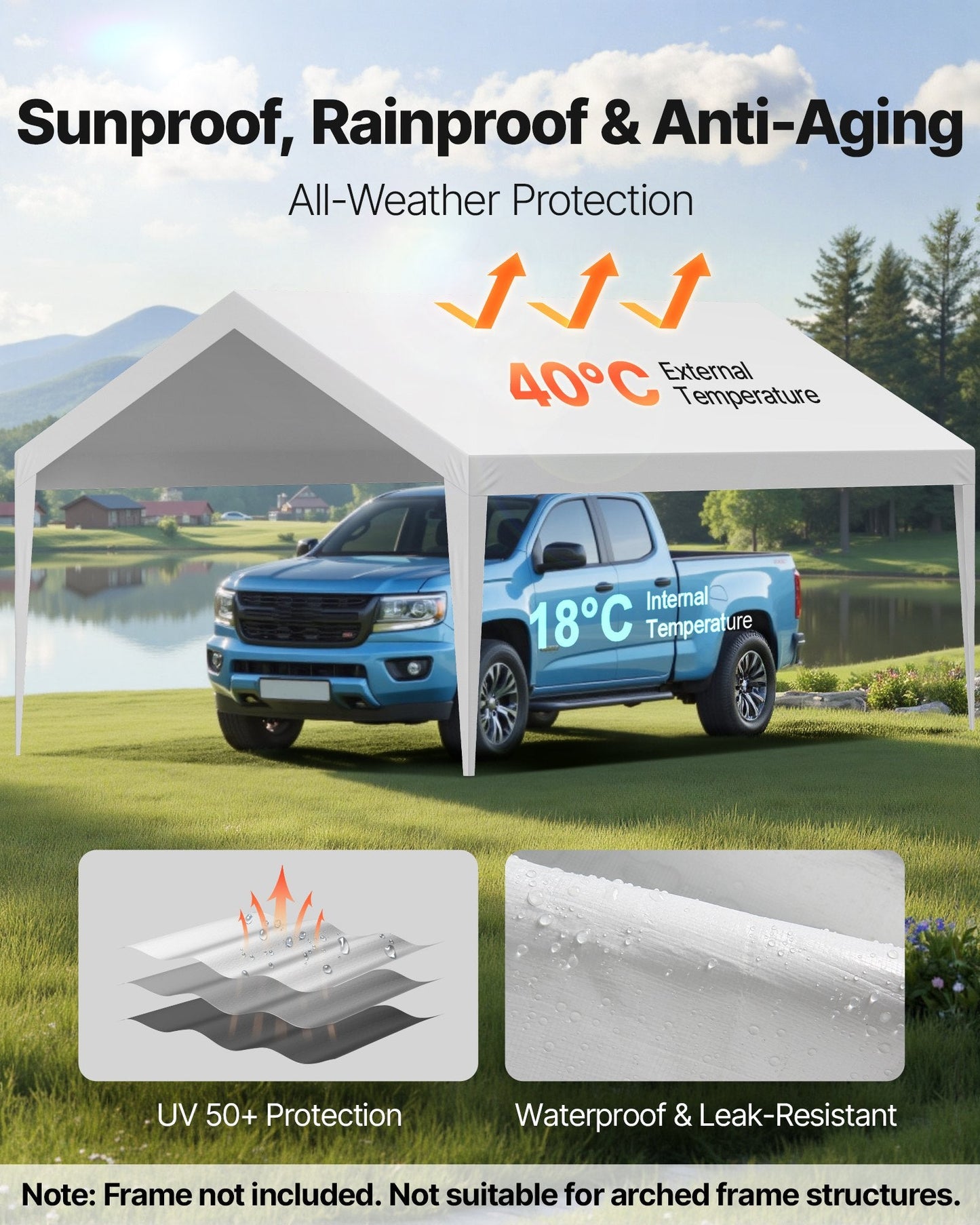 Carport Replacement Canopy, 6 x 3.6 m Potable Garage Tent Top Tarp, UV-Resistant & Waterproof Car Shelter Tarp, Heavy Duty Car Port Cover with Ball Buggees, White, Frame Not Included