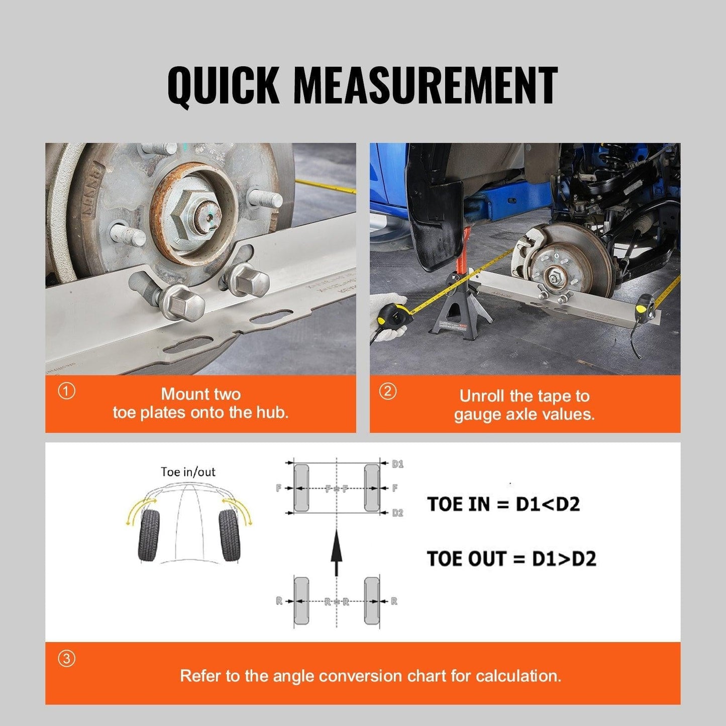 Wheel Alignment Tool, 2-Pack Toe Alignment Toe Plates, Stainless Steel Wheel Alignment Tool Plate, Toe Angle Accurate Measurement, Includes 2 Measuring Tapes & Conversion Chart.