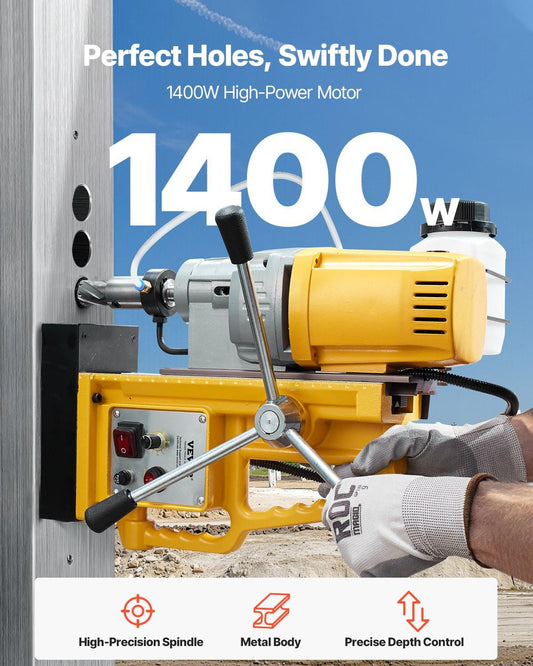Magnetic Drill, 1400W Motor 2 in Boring Diameter, 2922 lbf Portable Electric Mag Drill Press, 0-750 RPM Variable Speed, Drilling Machine for Metal Surface, Industrial and Home Improvement.
