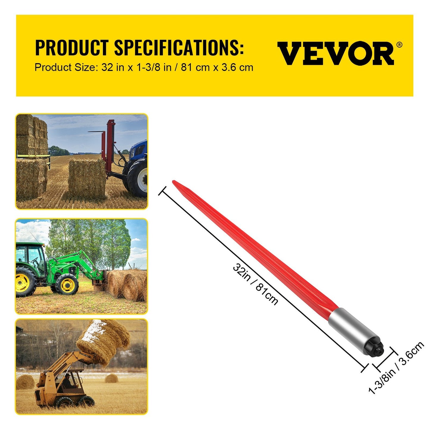 Hay Spear 32" Bale Spear 1350 lbs Capacity, Bale Spike Quick Attach Square Hay Bale Spears 1.4" Wide, Red Coated Bale Forks, Bale Hay Spike with Hex Nut & Sleeve for Buckets Tractors Loaders