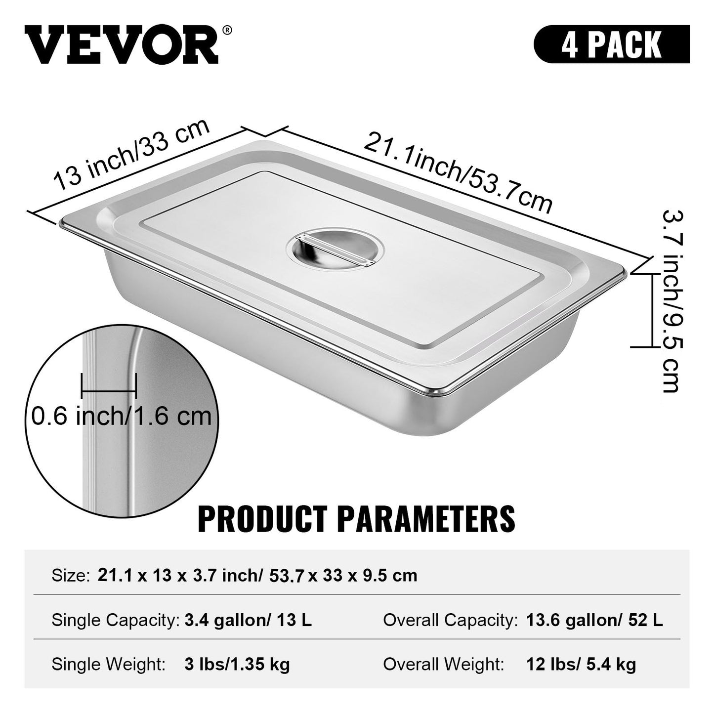4 Pack Hotel Pan 3.7" Deep Steam Table Pan Full Size with Lid 20.8"L x 13"W Hotel Pan 22 Gauge Stainless Steel Anti Jam Steam Table Pan